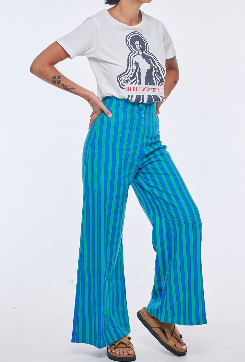 THE BOARDWALK WIDE LEG PANTS WHIPPY STRIPE GREEN AND BLUE – State