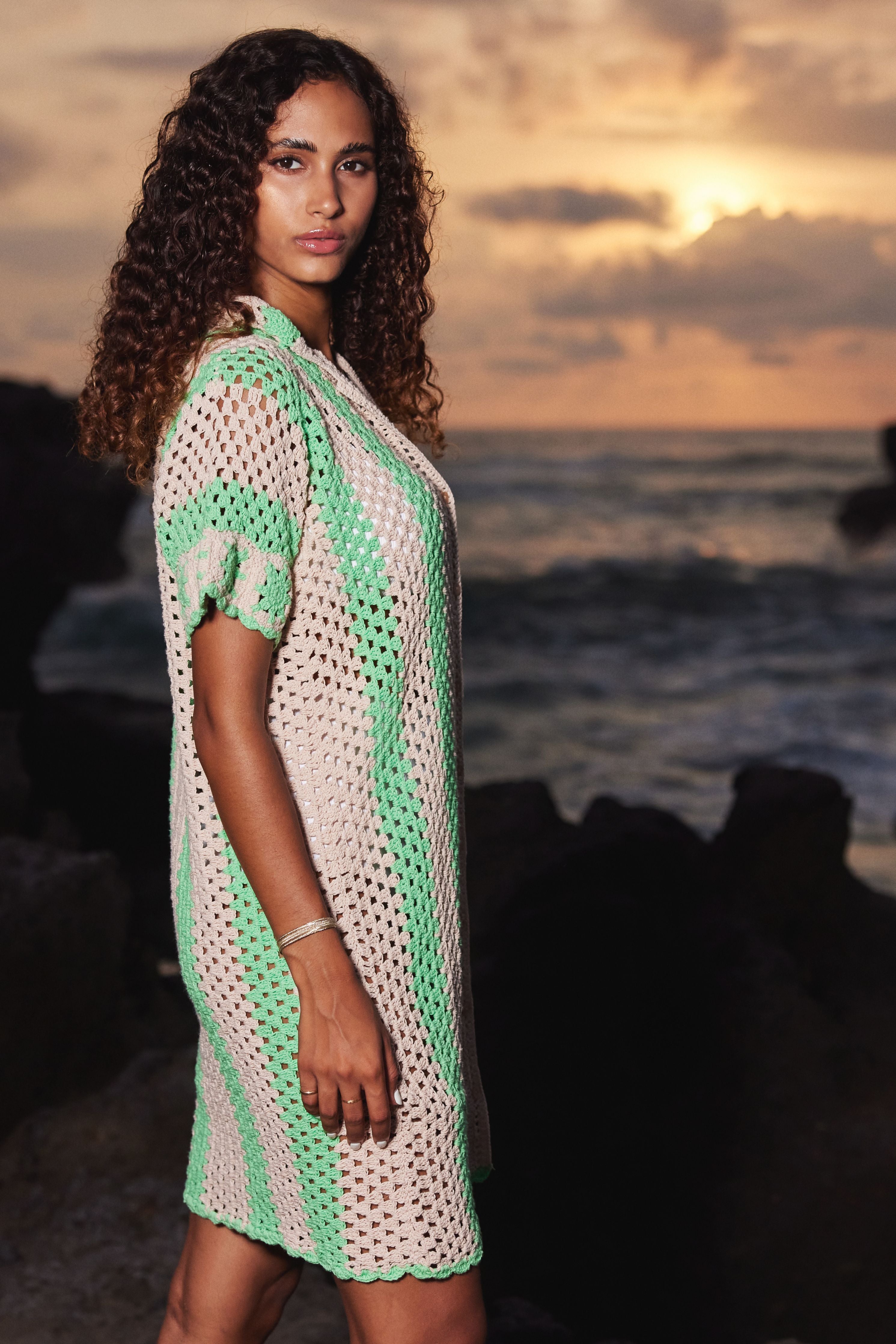 THE COVE CROCHET SHIRT DRESS - GREEN STRIPES