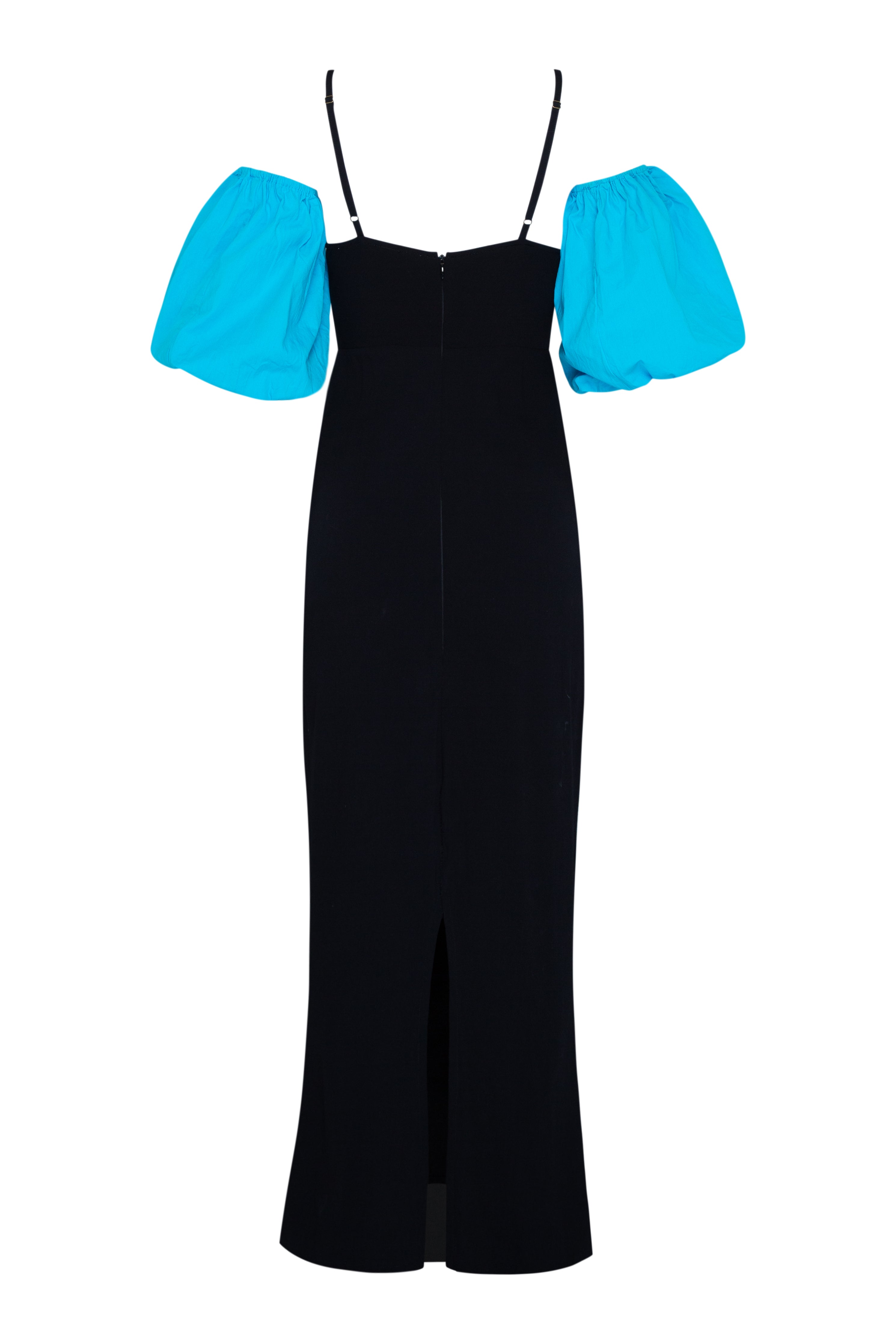 THE PUFF DRESS - BLACK WITH AQUA PUFF SLEEVE