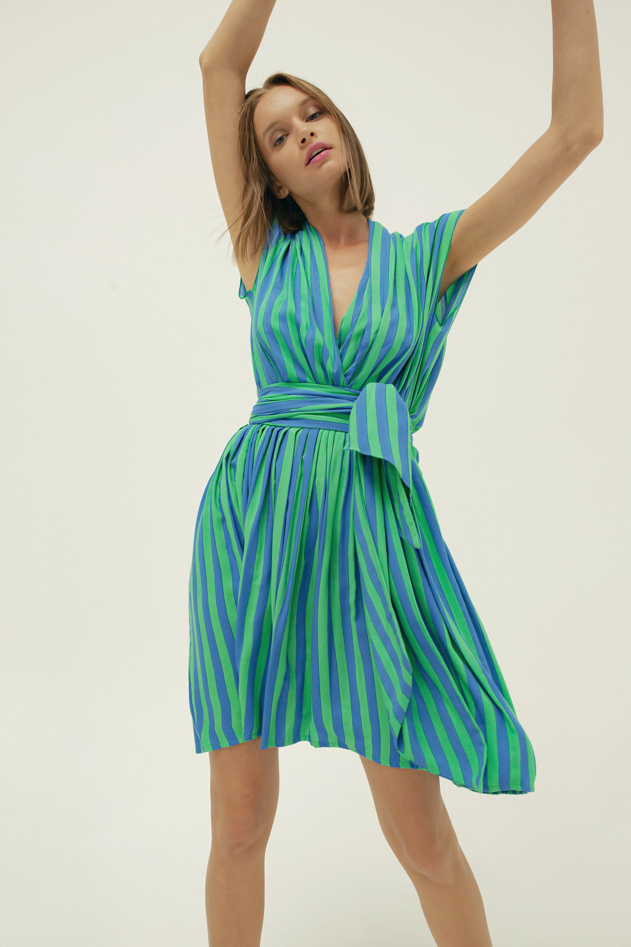 THE POINT DRESS SHORT - WHIPPY STRIPE GREEN & BLUE