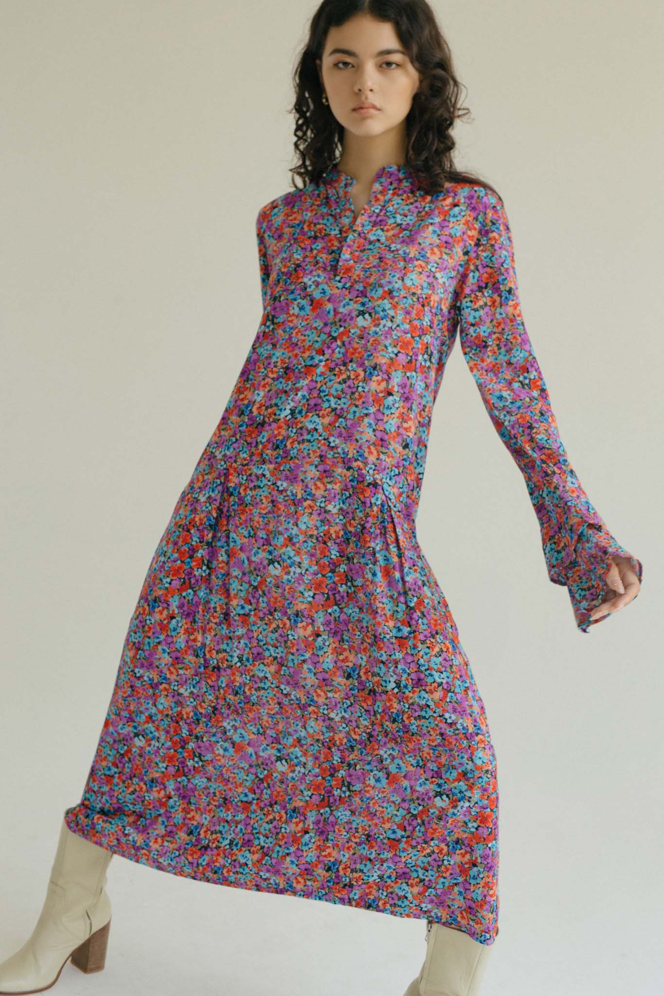 JEMIMA MIDI/MAXI DRESS DOUBLE LAYER SLEEVE - FLORAL EXPLOSION RASPBERRY